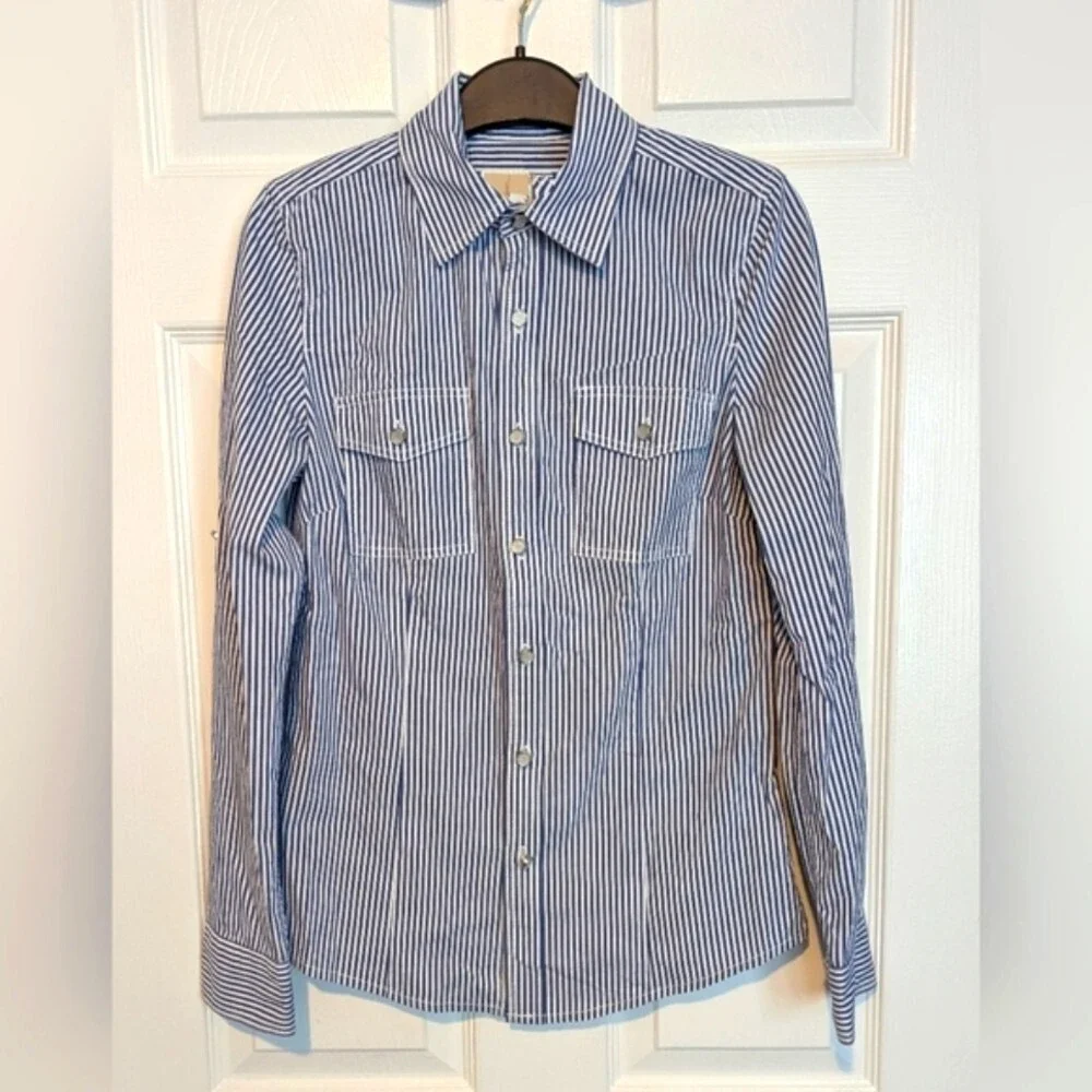 Michael Kors Women's (Size 0) Blue & White Striped Button-Down Blouse